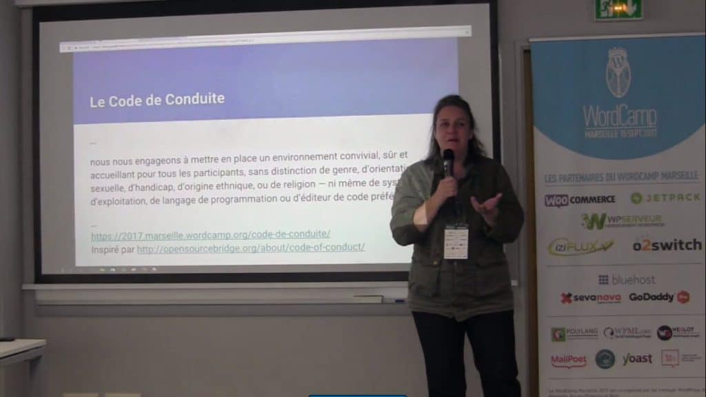 Patricia giving a talk at WordCamp Marseille 2017