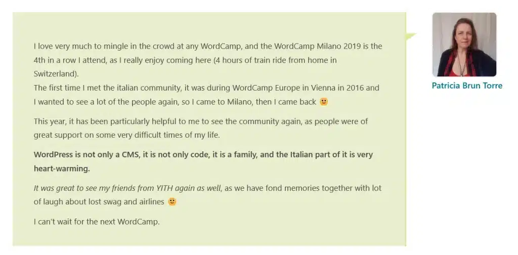 Short testimonial - WordCamp Milano 2019 - YITH website - screen capture