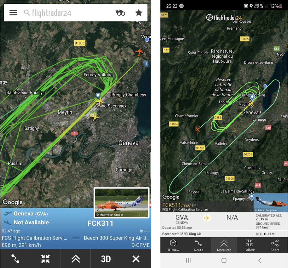 Flightradar screenshots of the Flight Calibrating Service. 2018 and 2021