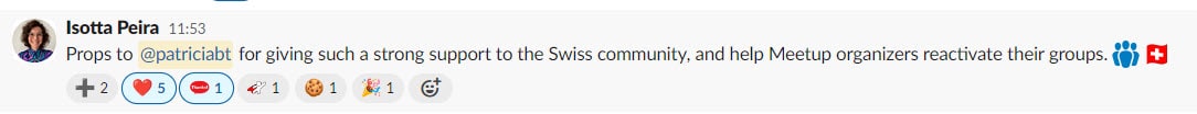Props received on 8 Dec 2023 on the WordPress Make Slack by Isotta Peira for the Swiss Meetup groups reactivation effort